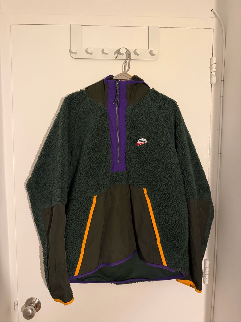 Nike Mens Green Sherpa Puffer Jacket with Purple and Orange Accents